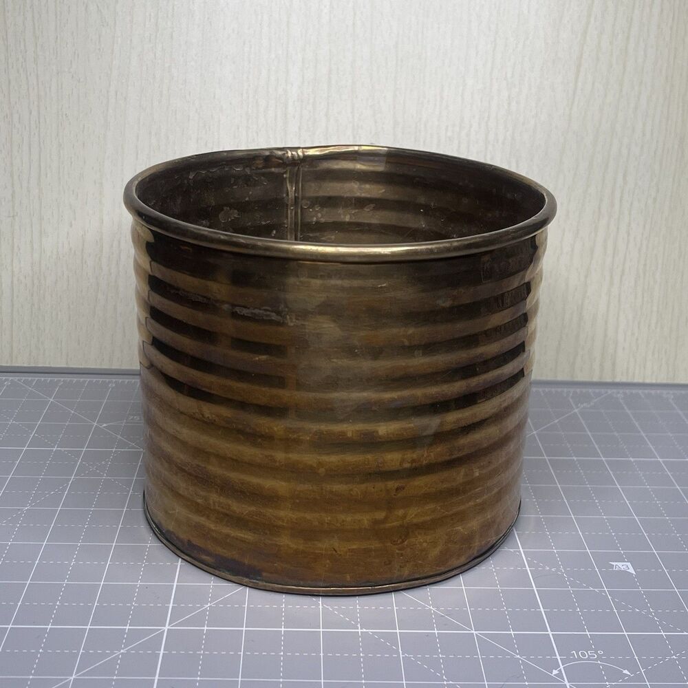 Vintage Brass Container Planter Made In India Patina 6” Diam x 5” H MCM  GRANDMA